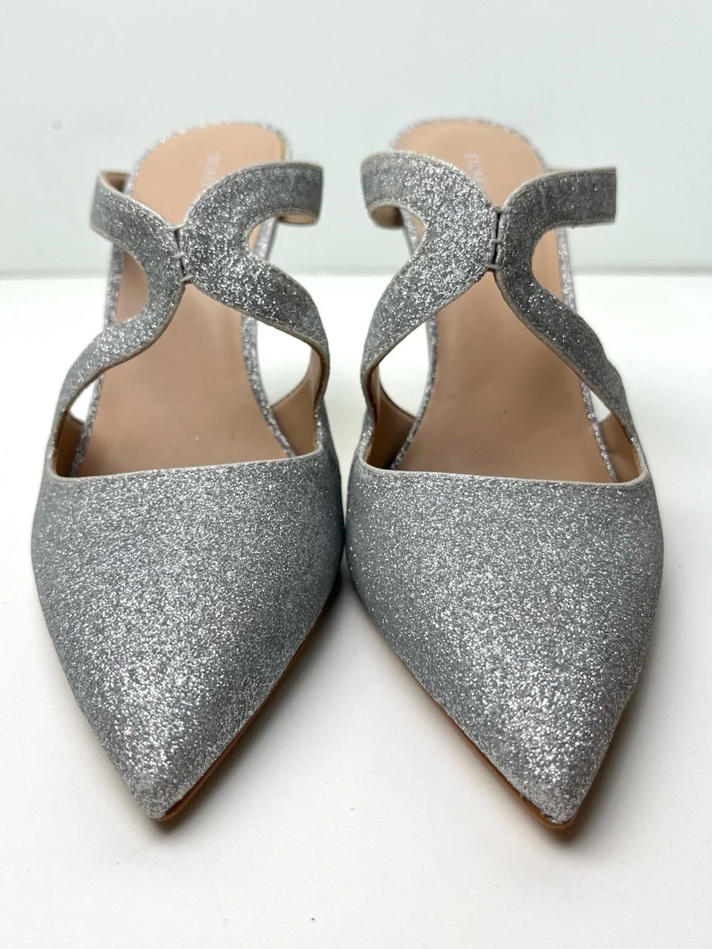 Stuart Weitzman Silver Glitter Crossover Pointed Toe Holiday High Heel Mule
